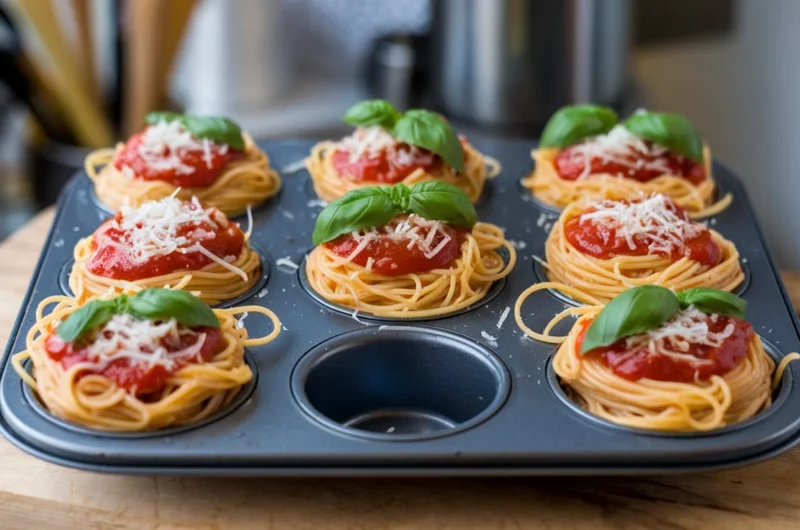 Muffin Tin Spaghetti Nests (Using Leftover Pasta)